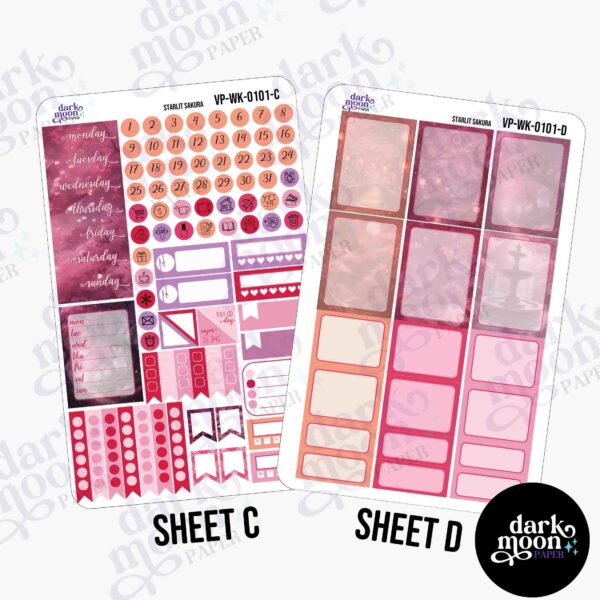 Cherry blossom themed vertical planner layout ideas, planner sheets with full box notes stickers and coordinating headers