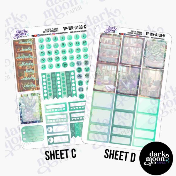 Cottage Succulents vertical planner stickers for vertical layout weekly planners, date covers and sticky notes