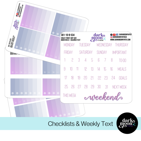 custom planner sticker kit boosters in violet frost design with matching purple checklists