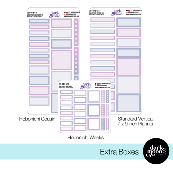 custom planner sticker kit boosters in violet frost design with matching boxes