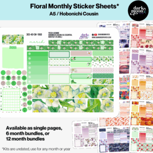 Close-up of Floral A5 monthly planner sticker sheet with preview of all 12 undated monthly designs, perfect for Hobonichi Cousin and A5 planners.