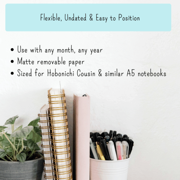 Infographic highlighting benefits of Floral monthly planner stickers: undated, removable matte paper, easy to reposition, fits A5 planners.