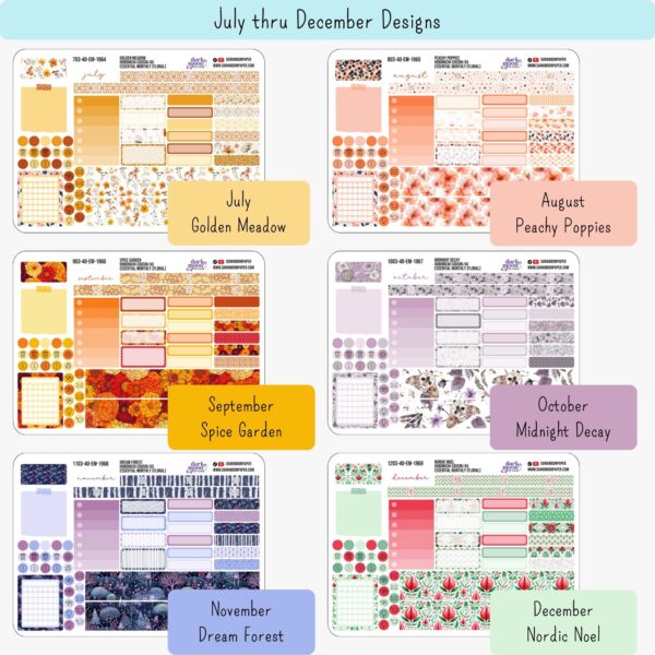 Preview of July to December floral A5 monthly sticker sheets, featuring seasonal artwork and undated monthly layouts for planners.