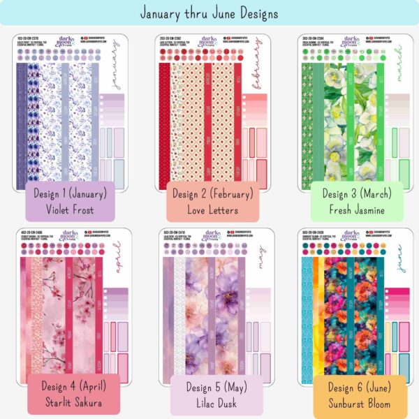 Designs 1-6 of 7x9 monthly planner sticker kit