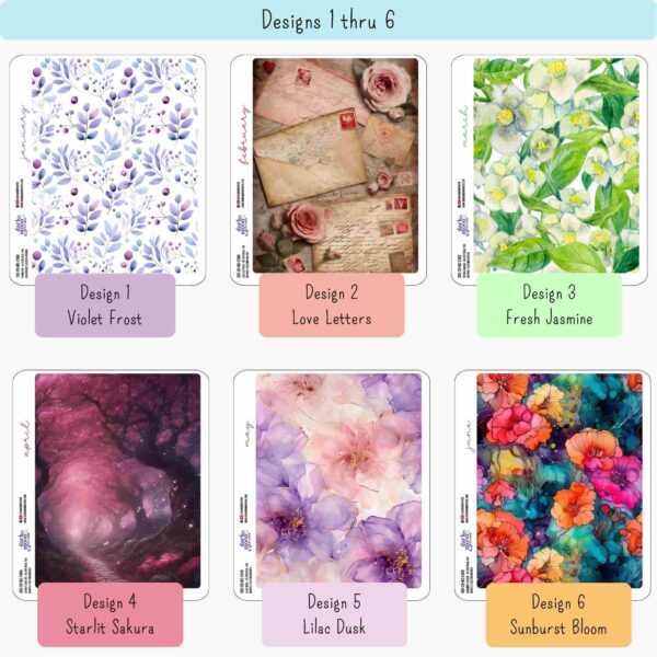 Closeup of monthly designs 1-6 of 7x9 planner floral section dividers