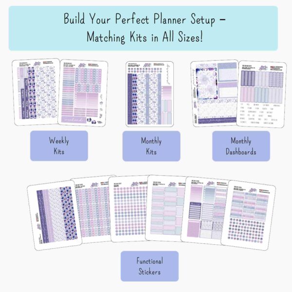 Infographic showing coordinating weekly kits, monthly kits, monthly dashboards and functional planner stickers to coordinate with the 7x9 planner floral section dividers