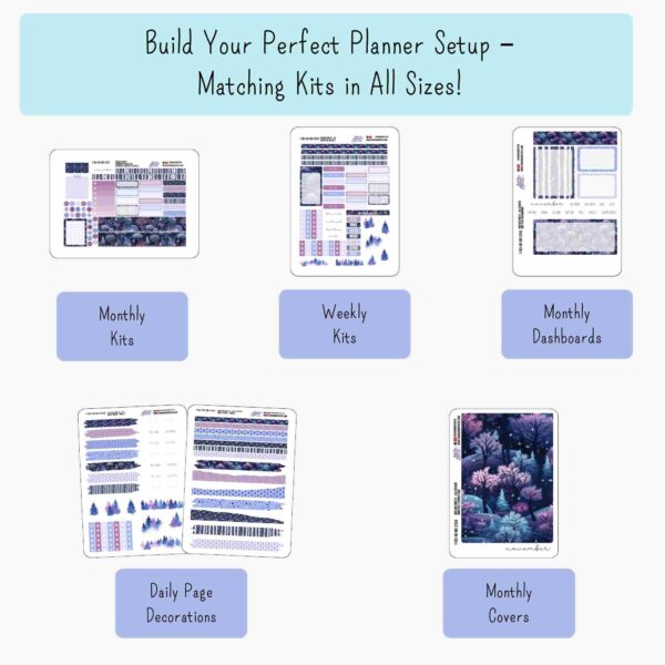 infographic showing coordinating matching planner stickers for various A5 sized planner pages in monthly, weekly, daily and functional styles