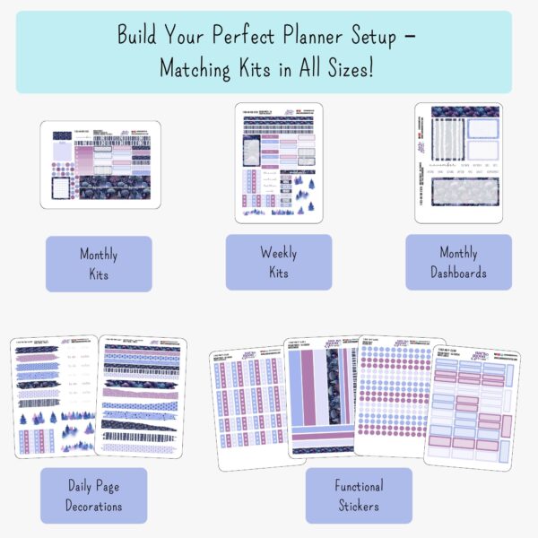 infographic showing coordinating matching planner stickers for various A5 sized planner pages in monthly, weekly, daily and functional styles