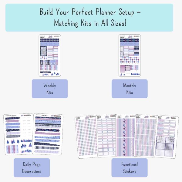 infographic showing matching kits in the floral collection such as monthly kits, weekly kits, cover page, functional pages