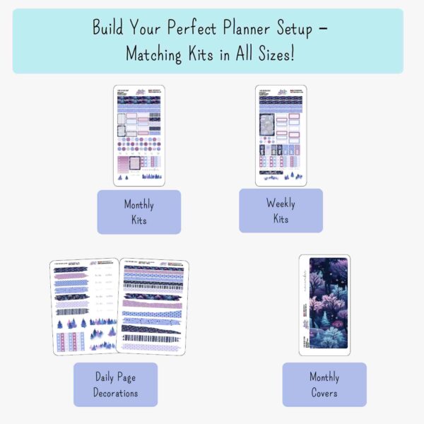 infographic showing matching planner stickers such as monthly kits, weekly kits, daily page decorations, monthly covers