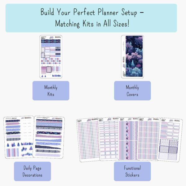 infographic showing matching kits in the floral collection such as monthly kits, weekly kits, cover page, functional pages
