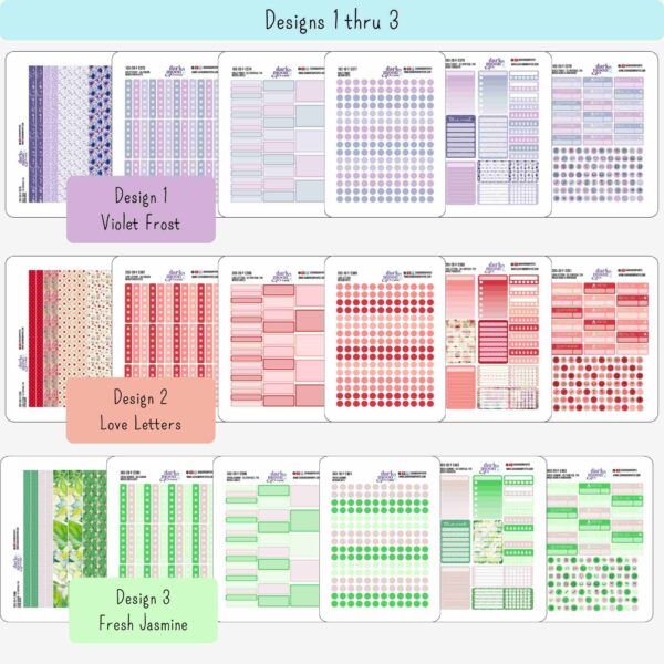 Closer view of available functional sticker sheets for Designs 1-3 from the Floral Collection, sized for Erin Condren Vertical or 7x9 inch planners