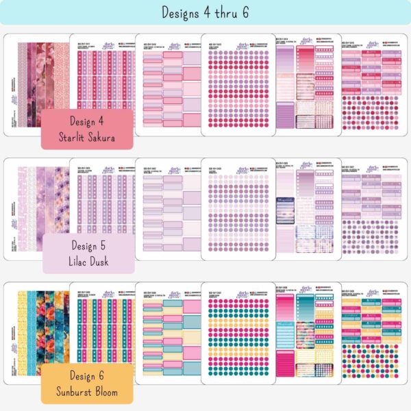 Closer view of available functional sticker sheets for Designs 4-6 from the Floral Collection, sized for Erin Condren Vertical or 7x9 inch planners