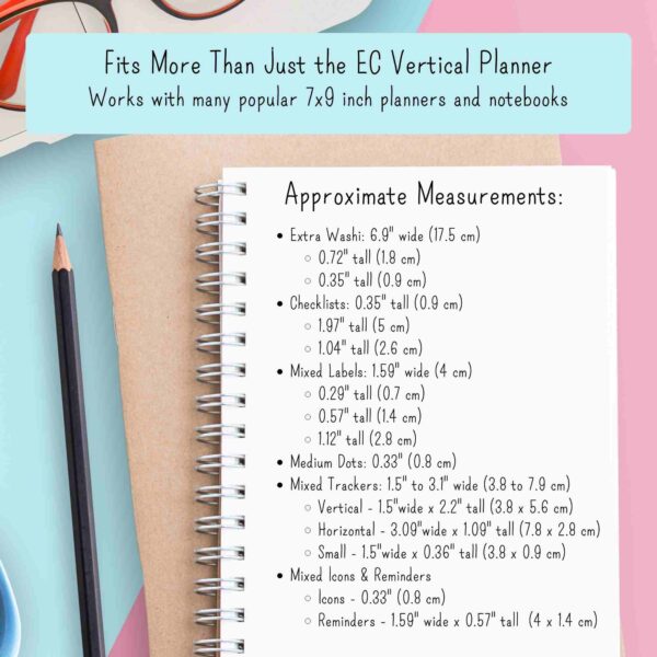 Infographic showing approximate measurements of each functional sticker type and the versatility to be able to use them in many planner types and notebook sizes