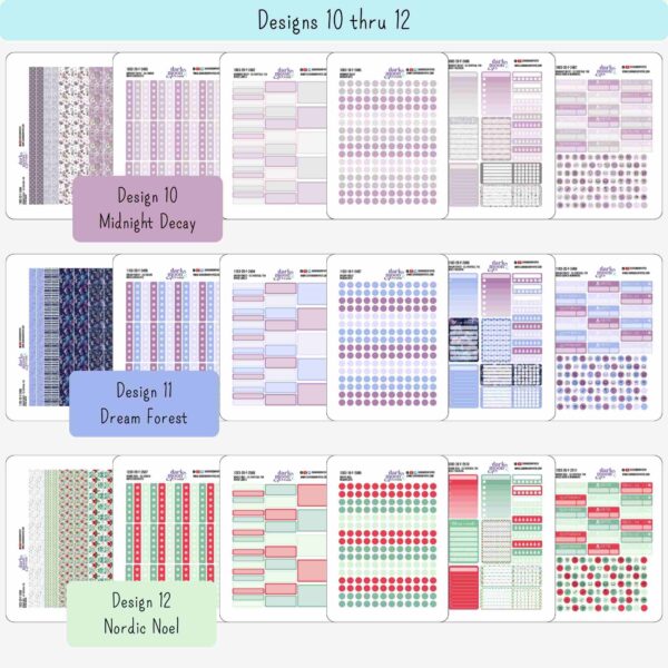Closer view of available functional sticker sheets for Designs 10-12 from the Floral Collection, sized for Erin Condren Vertical or 7x9 inch planners