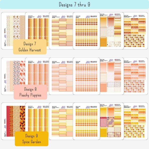 Closer view of available functional sticker sheets for Designs 7-9 from the Floral Collection, sized for Erin Condren Vertical or 7x9 inch planners