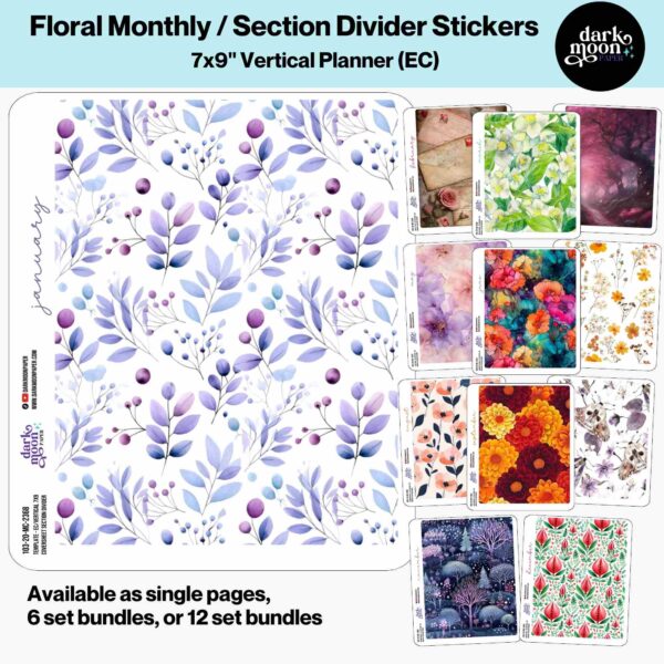 Floral monthly cover sheet section divider stickers for 7x9 sized planner notebooks