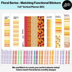 7x9 Vertical Planner matching functional planner sticker sheets showing extra washi, checklists, mixed labels, medium dots, small dots, and mixed trackers to match all of the colors in the floral collection, compatible with Erin Condren Vertical planners and other 7x9 inch notebooks