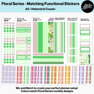 Close-up of Floral A5 monthly functional planner sticker sheets with preview of all 6 styles and 12 weekly designs, perfect for Hobonichi Cousin and A5 planners.