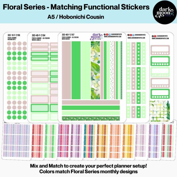 Close-up of Floral A5 monthly functional planner sticker sheets with preview of all 6 styles and 12 weekly designs, perfect for Hobonichi Cousin and A5 planners.