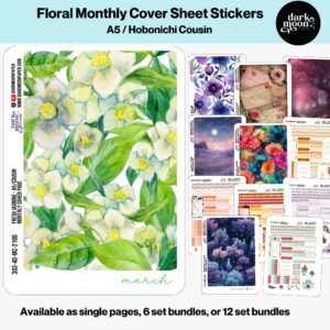 Close-up of Floral A5 monthly cover sheet planner sticker sheet with preview of all 12 weekly designs, perfect for Hobonichi Cousin and A5 planners.