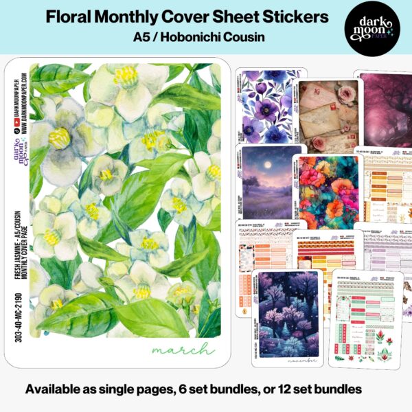 Close-up of Floral A5 monthly cover sheet planner sticker sheet with preview of all 12 weekly designs, perfect for Hobonichi Cousin and A5 planners.