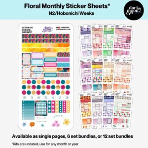 View of all 12 monthly designs of monthly planner sticker kit sheets from the Floral Collection, sized for Hobonichi Weeks N2 size planners.