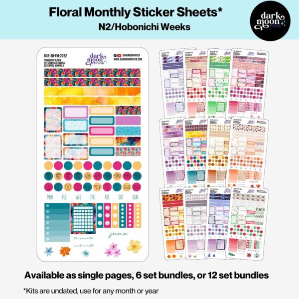 View of all 12 monthly designs of monthly planner sticker kit sheets from the Floral Collection, sized for Hobonichi Weeks N2 size planners.