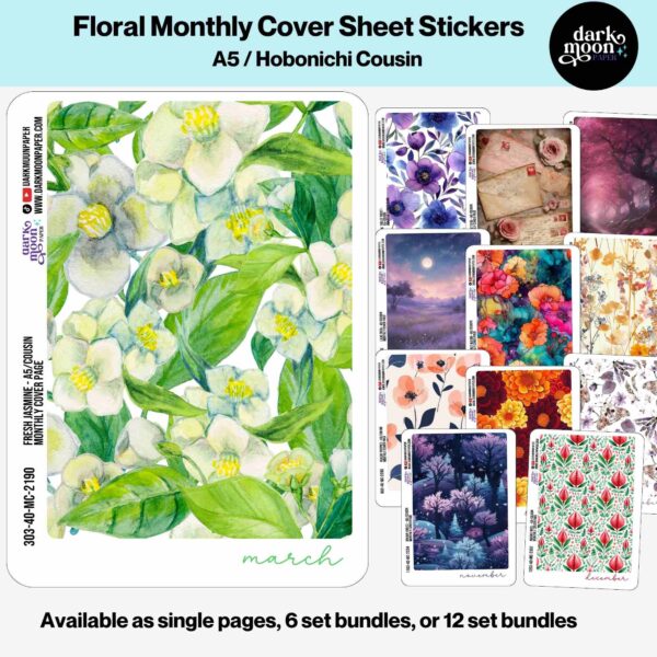 Floral monthly cover sheet section divider stickers for Hobonichi Cousin A5 sized planner notebooks