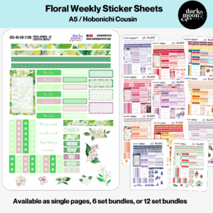 Close-up of Floral A5 weekly planner sticker sheet with preview of all 12 weekly designs, perfect for Hobonichi Cousin and A5 planners.