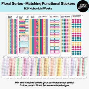 Hobonichi Weeks matching functional planner sticker sheets showing extra washi, checklists, mixed labels, medium dots, small dots, and mixed trackers to match all of the colors in the floral collection