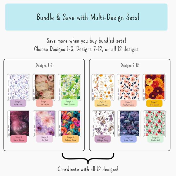 Infographic showing bundle and save purchase options for monthly cover planner section divider sheets from the Floral Collection, sized for 7x9 planner floral section dividers