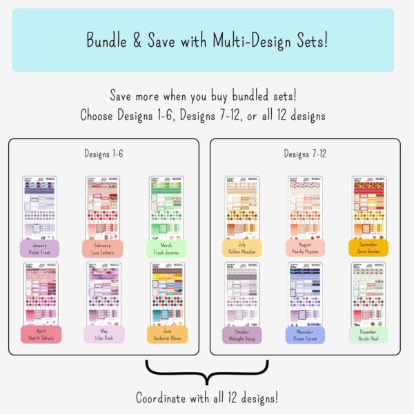 View of 6 or 12 Sheet bundles of monthly planner sticker sheets from the Floral Collection, sized for Hobonichi Weeks N2 size planners.