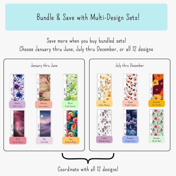 Infographic showing bundle and save purchase options for monthly cover planner section divider sheets from the Floral Collection, sized for Hobonichi Weeks N2 planners