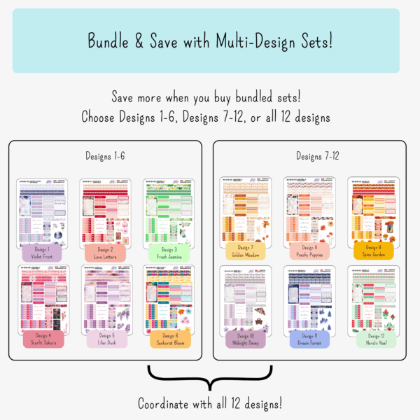 Image showing bundled purchase options: weeks 1–6, weeks 7–12, or full set of 12 Floral A5 weekly planner stickers.