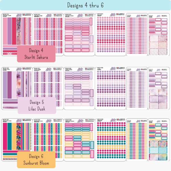 Closeup of Floral A5 functional planner sticker sheets with preview of the monthly designs 4 through 6, starlit sakura, lilac dusk, and sunburst bloom, perfect for Hobonichi Cousin and A5 planners.