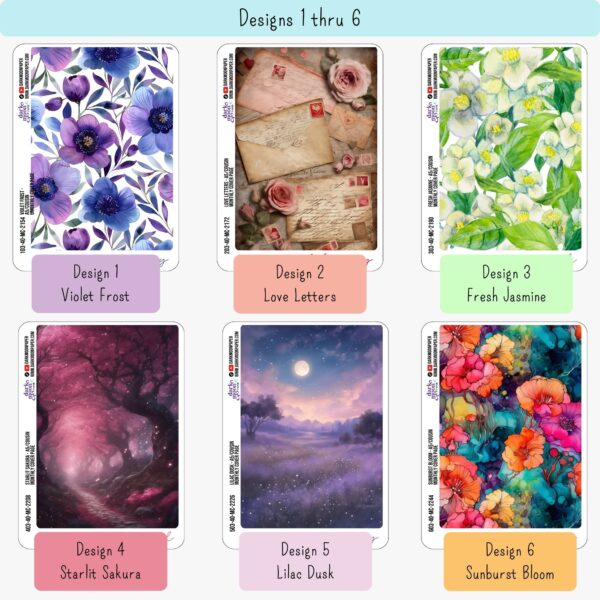 Preview of January to June floral A5 monthly cover sheet sticker designs for Hobonichi Cousin planners, showing seasonal themes and coordinating colors.