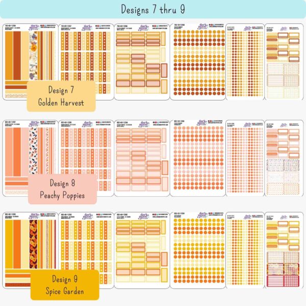 Closeup of Floral A5 functional planner sticker sheets with preview of the monthly designs 7 through 9, golden harvest, peachy poppies, and spice garden, perfect for Hobonichi Cousin and A5 planners.