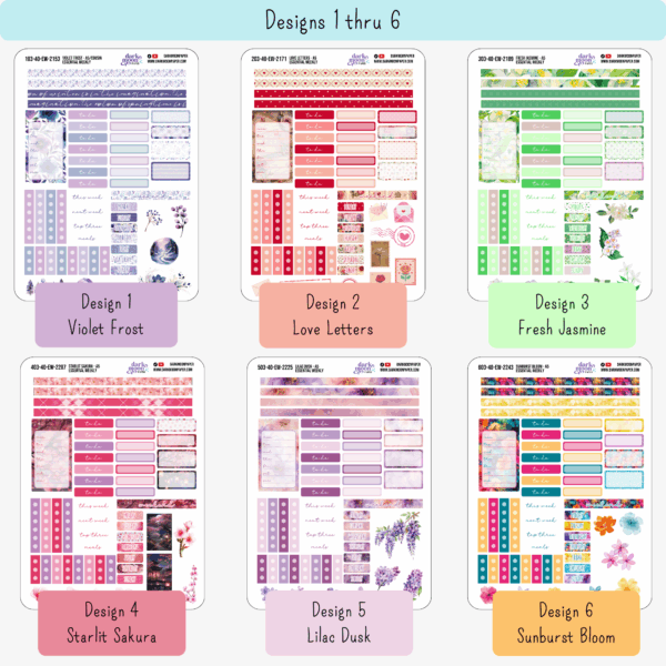 Preview of January to June floral A5 weekly sticker designs for Hobonichi Cousin planners, showing seasonal themes and coordinating colors.