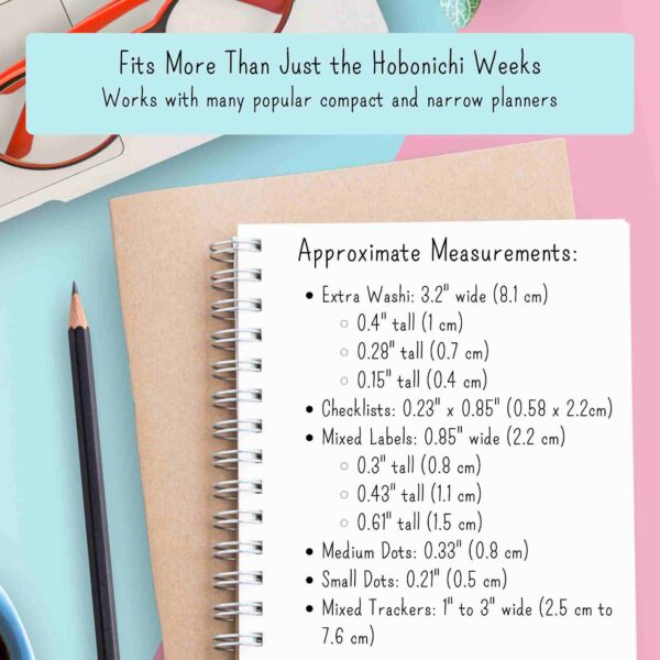Infographic showing measurements of functional stickers made for the Hobonichi Weeks or N2 planners