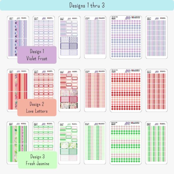 Closeup of Floral N2 Hobonichi Weeks functional planner sticker sheets showing extra washi, checklists, mixed labels, medium dots, small dots, and mixed trackers in the Violet Frost, Love Letters and Fresh Jasmine patterns