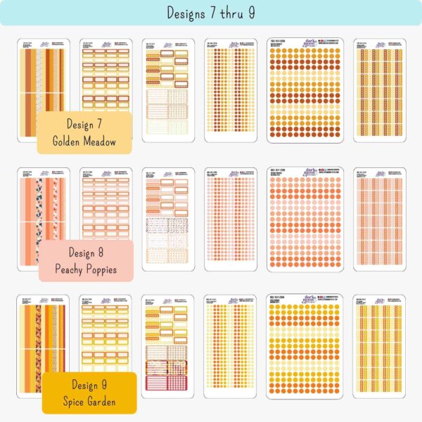 Closeup of Floral N2 Hobonichi Weeks functional planner sticker sheets showing extra washi, checklists, mixed labels, medium dots, small dots, and mixed trackers in the patterns Golden Meadow, Peachy Poppies, and Spice Garden