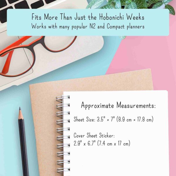 Infographic showing measurements of full page hobonichi weeks planner section divider stickers