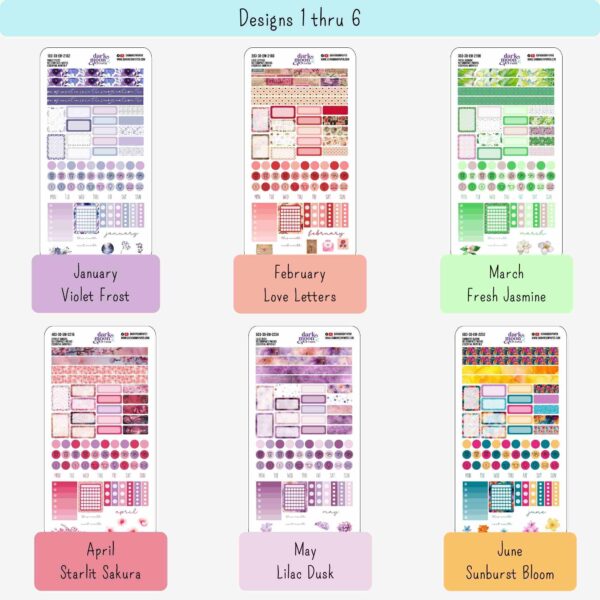 View of Designs 1 through 6 of monthly planner sticker kit sheets from the Floral Collection, sized for Hobonichi Weeks N2 size planners.