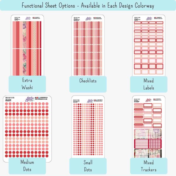 Infographic showing 6 functional planner sheets available to match the floral collection planner sticker kits