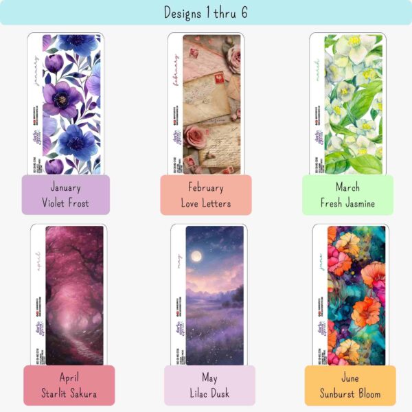 Closeup view of January, February, March, April, May and June monthly cover planner section divider sheets from the Floral Collection, sized for Hobonichi Weeks N2 planners