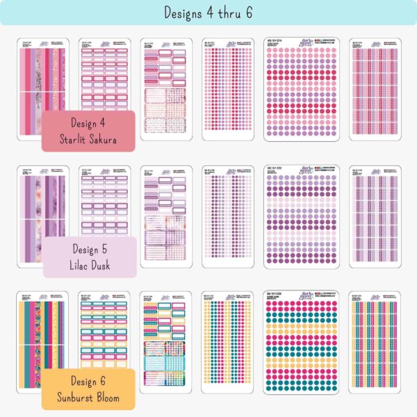 Closeup of Floral N2 Hobonichi Weeks functional planner sticker sheets showing extra washi, checklists, mixed labels, medium dots, small dots, and mixed trackers in the patterns Starlit Sakura, Lilac Dusk, Sunburst Bloom