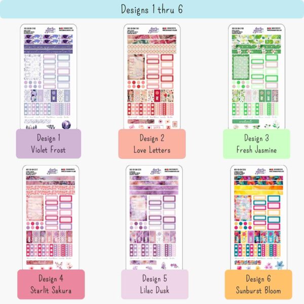 Closer view of Designs 1-6 of weekly kits from the Floral Collection, sized for Hobonichi Weeks N2 planners