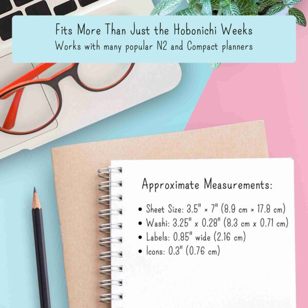 infographic showing individual sticker measurements from the weekly kits from the Floral Collection, sized for Hobonichi Weeks N2 planners