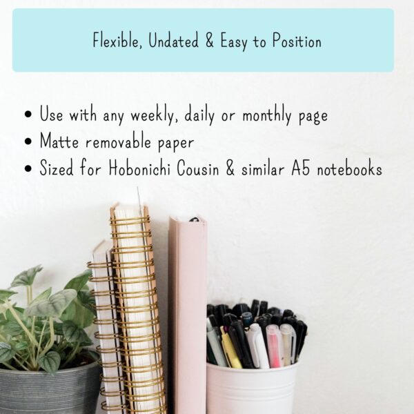 Infographic highlighting benefits of Floral monthly planner stickers: undated, removable matte paper, easy to reposition, fits A5 planners.